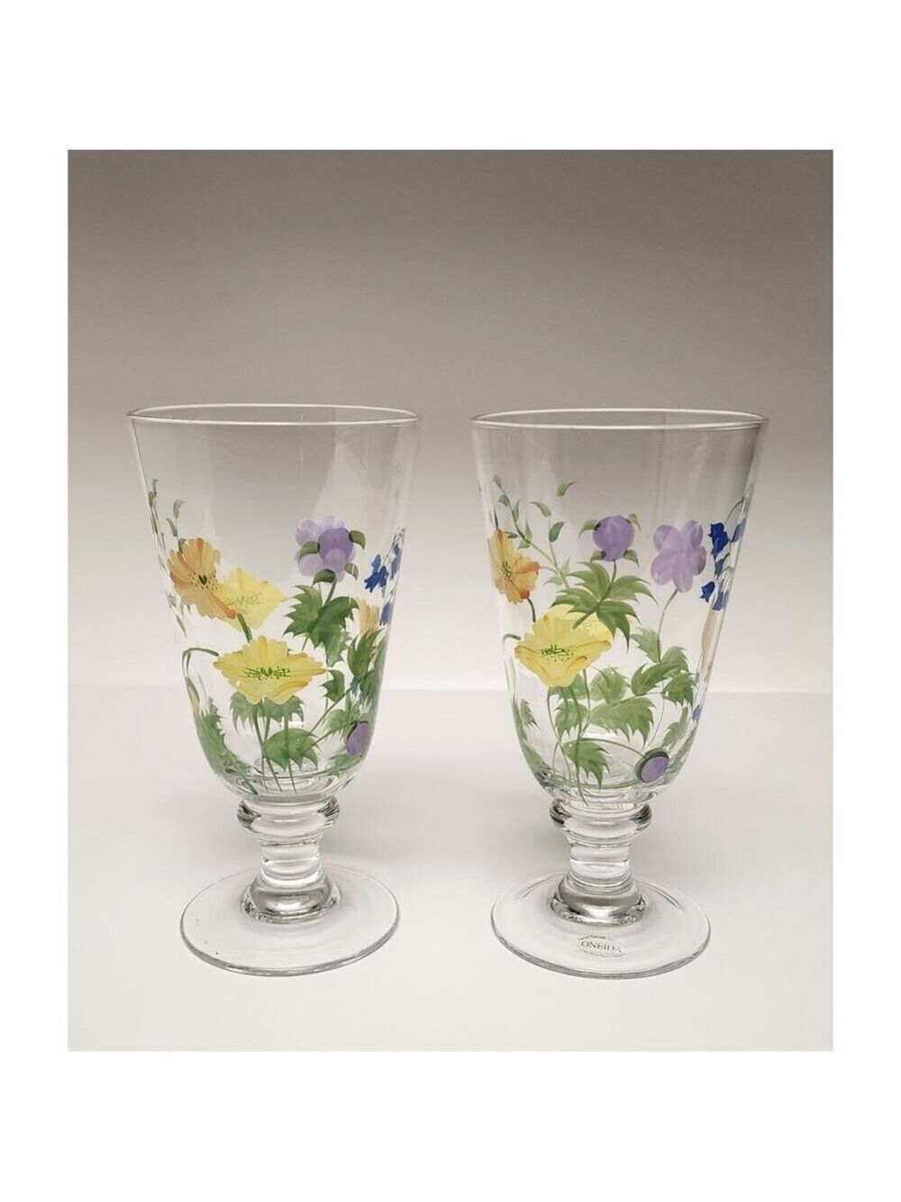 Oneida Glass Drink Goblets Set Of 2 Hand Painted Floral Bloom Drinkware Glasses